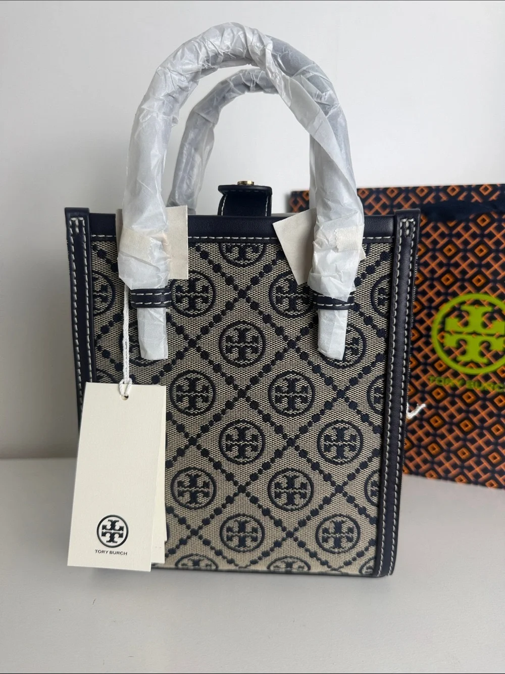 Tory Burch Black & Beige Mini Logo Tote